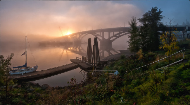 Обои картинки фото города, - пейзажи, река, туман, мост