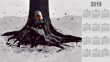 Картинка календари фэнтези девушка листья дерево