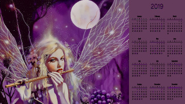 обоя календари, фэнтези, крылья, флейта, луна, лицо, девушка
