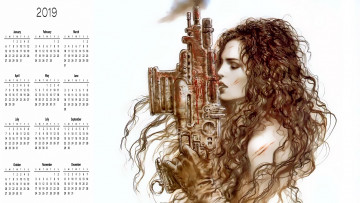обоя календари, фэнтези, профиль, девушка, оружие