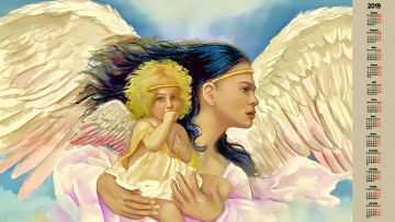 обоя календари, фэнтези, ребенок, крылья, женщина, ангел