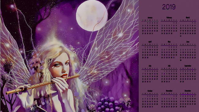 Обои картинки фото календари, фэнтези, крылья, флейта, луна, лицо, девушка