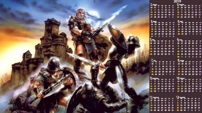 Обои картинки фото календари, фэнтези, воин, оружие, мужчина, щит, замок, сражение