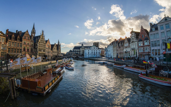 Обои картинки фото города, гент , бельгия, канал, набережная, лодки