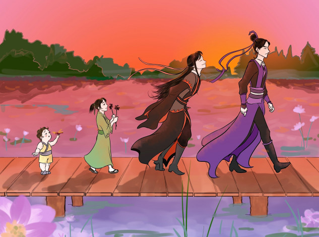 Обои картинки фото аниме, mo dao zu shi, цзянь, чэн, вэй, усянь, дети, пристань, лотосы, озеро