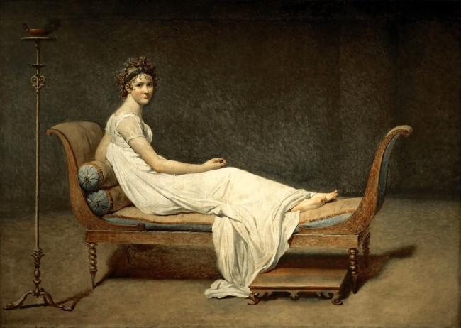 Обои картинки фото портрет мадам рекамье - жак луи давид, рисованное, jacques-louis david, женщина, диван, подставка