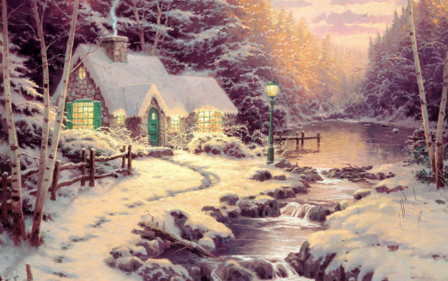 Обои картинки фото thomas, kinkade, рисованные, лес, река, фонарь, зима, снег, дом, пейзаж