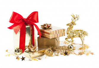 Картинка праздничные подарки коробочки фигурка банты коробки олень