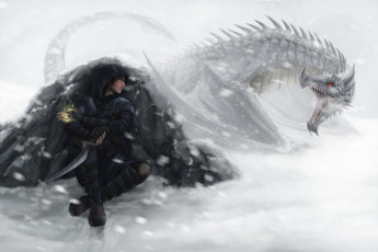 Картинка фэнтези драконы арт фантастика оружие зима снег буря дракон магия парень взгляд