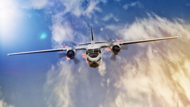 Обои картинки фото авиация, 3д, рисованые, v-graphic, полет, самолет, падение, пламя, огонь, авиакатастрофа