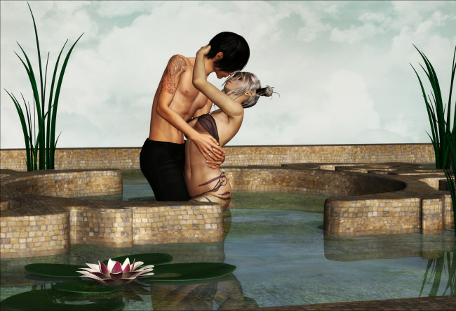 Обои картинки фото 3д графика, романтика , romantics, мужчина, девушка, бассейн, лотос, трава, небо, поцелуй