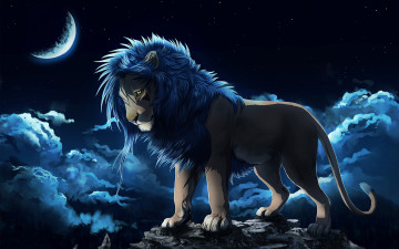 обоя рисованное, животные,  львы, скала, грива, лев, луна, небо