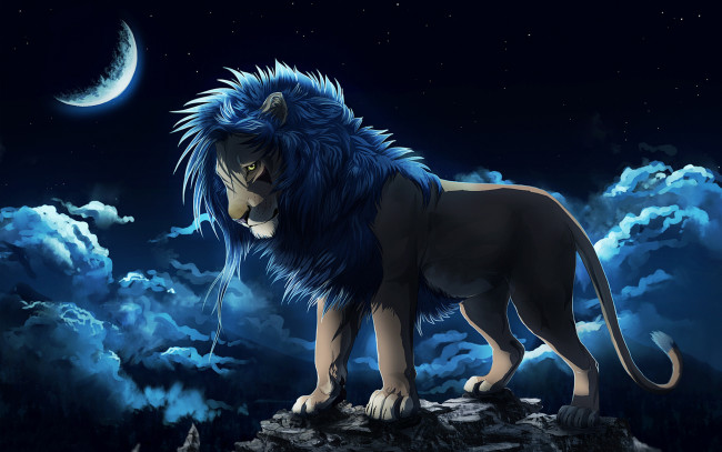Обои картинки фото рисованное, животные,  львы, скала, грива, лев, луна, небо