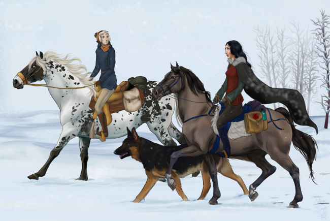 Обои картинки фото рисованное, люди, снег, девушки, собака, лошади