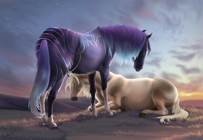 Обои картинки фото рисованное, животные,  лошади, луг, облака, лошади