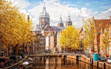 обоя города, амстердам , нидерланды, мост, собор, осень, канал