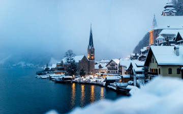 Картинка города гальштат+ австрия снег зима озеро