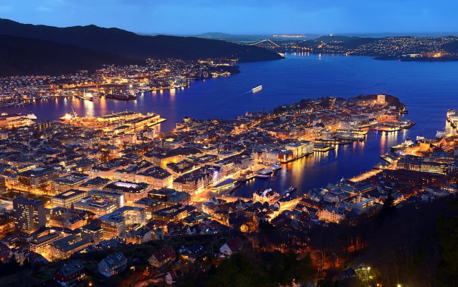Обои картинки фото города, берген , норвегия, панорама, ночь, огни