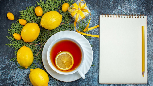 Обои картинки фото еда, цитрусы, чай, лимоны, блокнот, карандаш