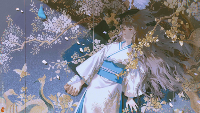 Обои картинки фото аниме, unknown,  другое , девушка, кимоно, птицы, ветки, рука