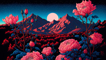 обоя рисованное, природа, цветы, горы, луна