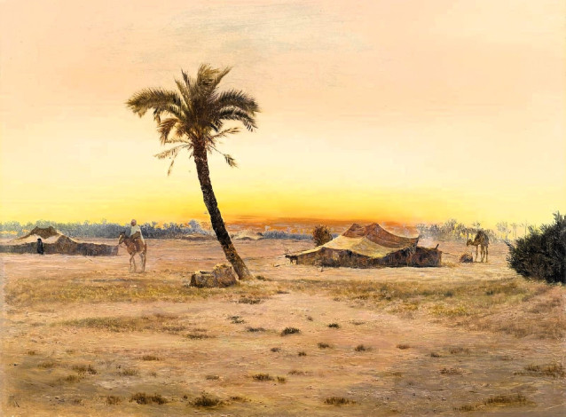 Обои картинки фото otto pilny - oasis near cairo, рисованное, otto pilny, оазис, пустыня, пальма, шатры, люди, животные