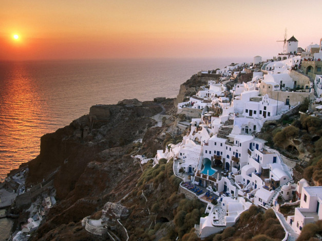 Обои картинки фото sunset, on, the, island, of, santorini, greece, города, санторини, греция