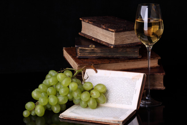 Обои картинки фото еда, натюрморт, виноград, вино, книги