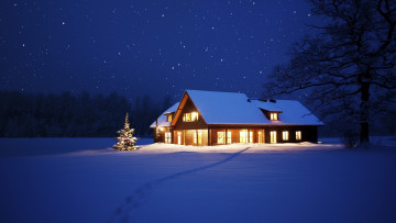Картинка природа зима ночь снег дом елка