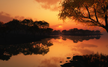 Картинка 3д графика nature landscape природа багровый тон закат река деревья