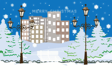 обоя merry, christmas, праздничные, векторная, графика, новый, год, город, улица, здания, фонари, зима