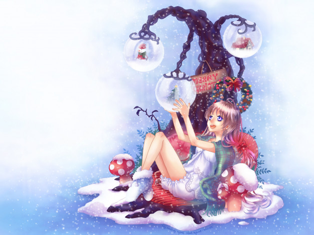Обои картинки фото аниме, merry, chrismas, winter, мухоморы, девочка