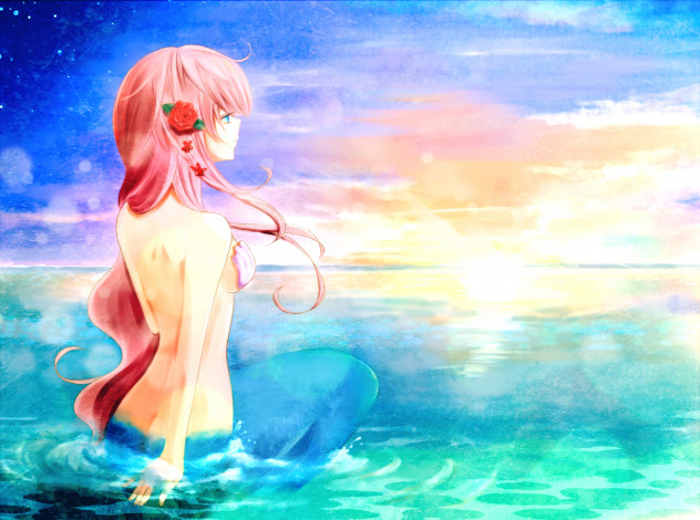 Обои картинки фото аниме, vocaloid, облака, небо, закат, цветы, солнце, море, русалка, обнажена, ракушки