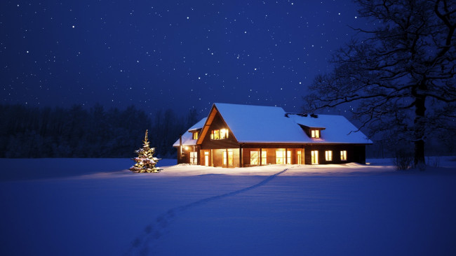 Обои картинки фото природа, зима, ночь, снег, дом, елка