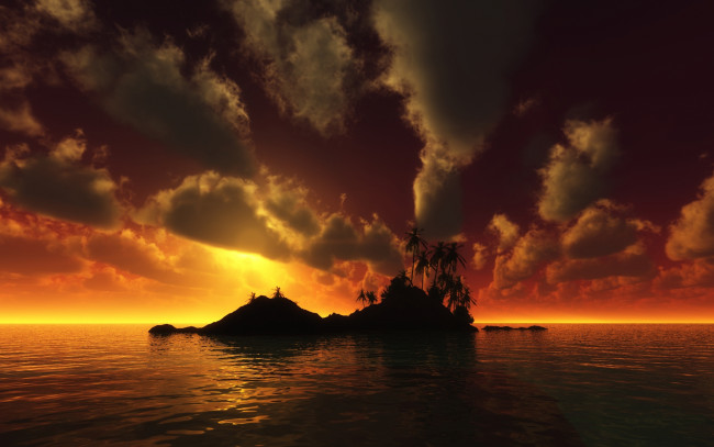 Обои картинки фото 3д, графика, nature, landscape, природа, океан, закат, тучи, остров