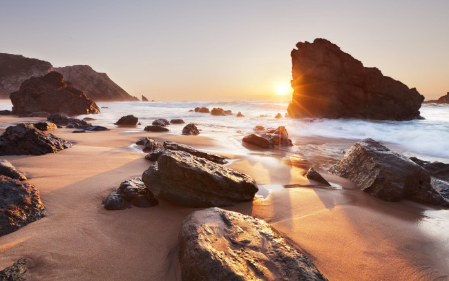 Обои картинки фото praia, da, adraga, sintra, portugal, природа, восходы, закаты, скалы, камни, закат, португалия, океан