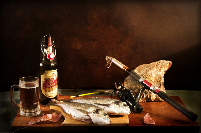 Обои картинки фото еда, натюрморт, пиво, удочка, рыба