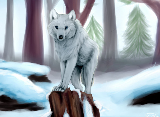 Обои картинки фото рисованные, животные,  волки, снег, лес, волк