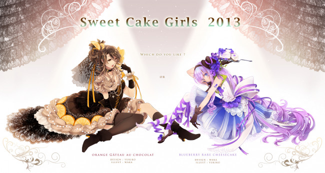 Обои картинки фото by katase waka, аниме, *unknown , другое, вуаль, девушки, угощение, чизкейк, шоколад, сладости, платье, шляпа, черника, апельсин