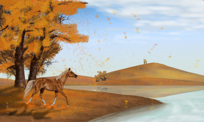 Обои картинки фото рисованные, животные,  лошади, река, холмы, лошадь, дерево