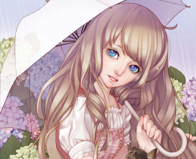 обоя рисованное, дети, зонт, взгляд, девочка, цветы, гортензия, дождь