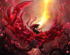 Картинка аниме животные +существа крылья огонь пламя izayoi aki black rose dragon yu-gi-oh дракон девушка арт van ken003 красный