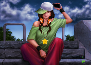 Картинка рисованное люди девушка шляпа смартфон облака небо лестница наушники фон взгляд