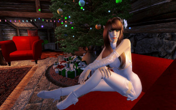 Картинка 3д+графика праздники+ holidays взгляд фон эльфийка елка подарки диван кресло комната украшение