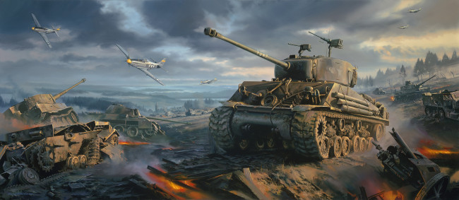Обои картинки фото рисованное, армия, movie, fury, painting, art, war, p-51, mustang, ww2, sherman, tank