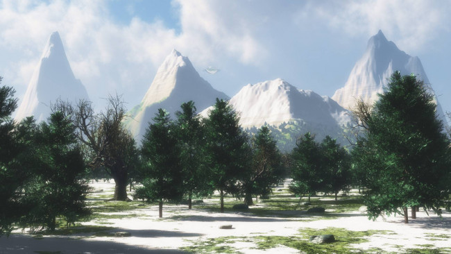 Обои картинки фото 3д графика, природа , nature, небо, горы, снег, ветки, деревья