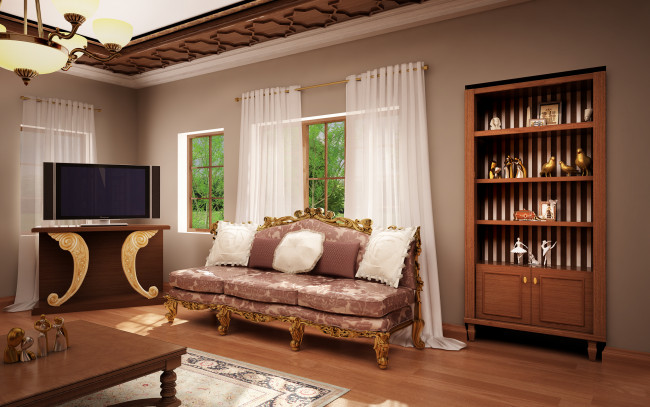 Обои картинки фото 3д графика, реализм , realism, шторы, окна, подушки, диван, коврик, полки, стол, тумбочка