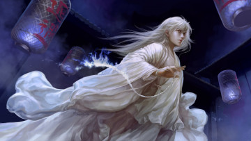 Картинка фэнтези маги +волшебники белые волосы ночь пламя фонари четки мужчина dtjun art