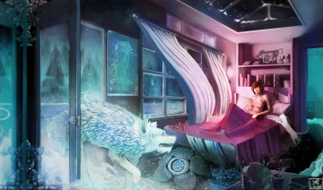 Картинка фэнтези красавицы+и+чудовища комната арт зима снег волк дух занавески взгляд окно лежит кровать девушка