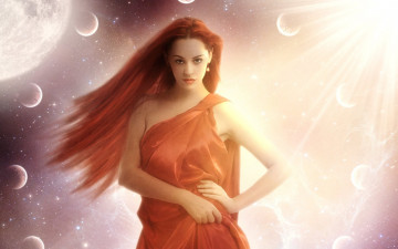 Картинка фэнтези девушки арт взгляд лицо девушка планеты космос поза руки красные волосы губы глаза солнце звезды фантастика